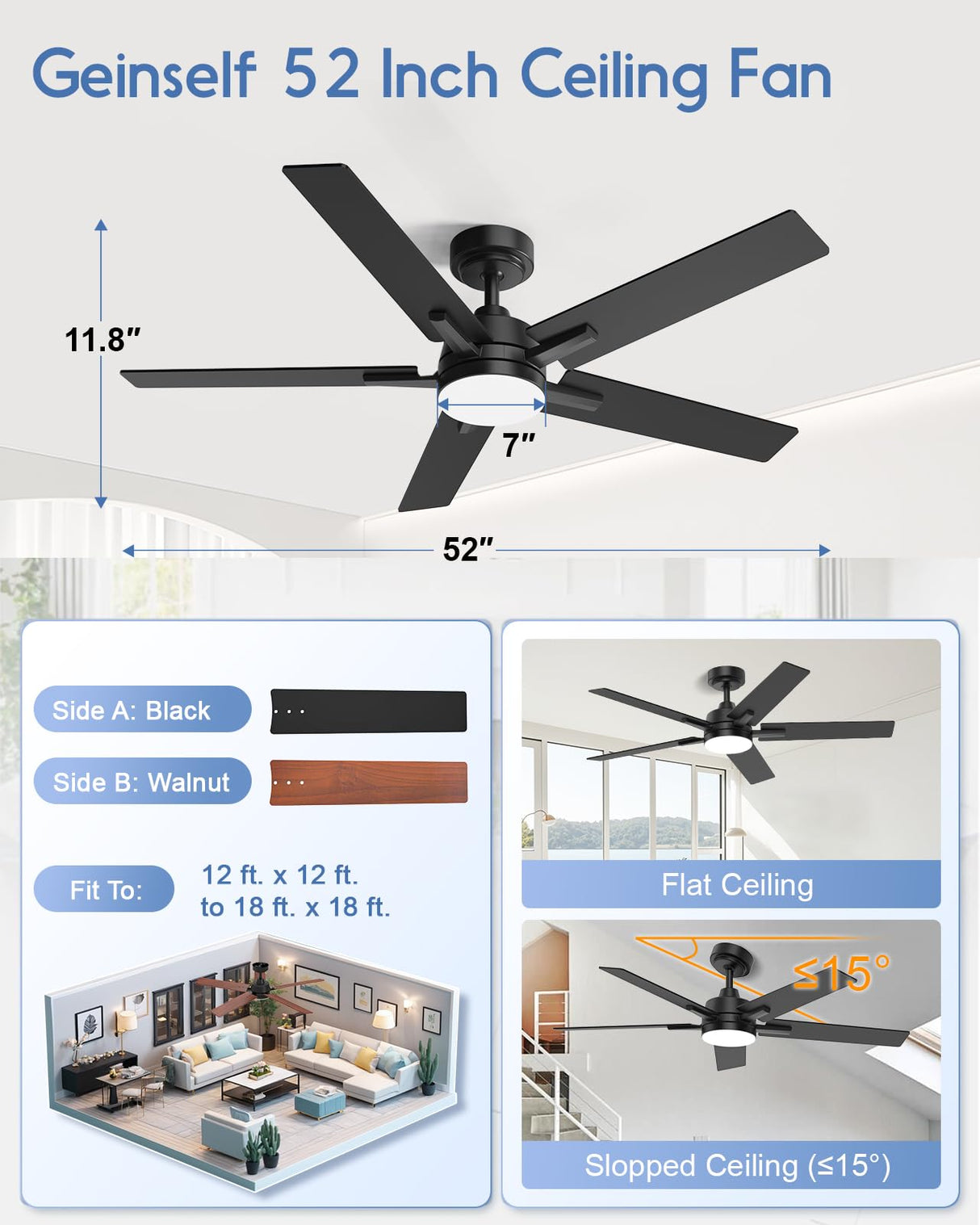 Geinself 52 Inch Ceiling Fan with Light, Black Smart Ceiling Fan with 5 Two-Sided Blades, LED Fan with Remote & Alexa, High CFM Ultra Quiet Large Fan for Bedroom, Living Room Geinself