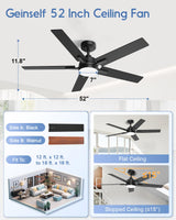 Geinself 52 Inch Ceiling Fan with Light, Black Smart Ceiling Fan with 5 Two-Sided Blades, LED Fan with Remote & Alexa, High CFM Ultra Quiet Large Fan for Bedroom, Living Room Geinself