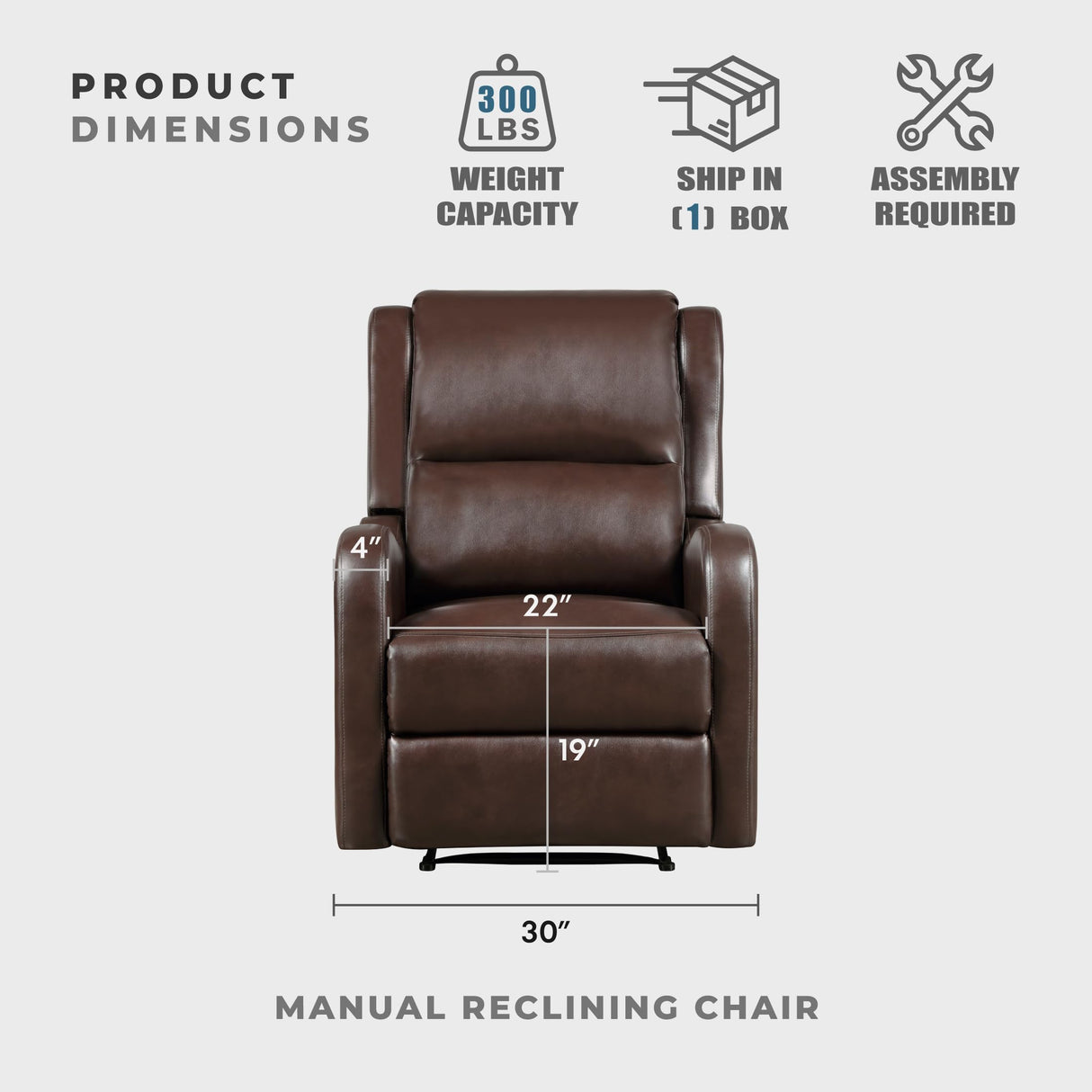 Lexicon Manual Recliner Chair, Reclining Sofa Chair, Home Theater Seating, Wall Hugger, Manual Recliner for Living Room/Office/Apartment, Easy Assembly, Brown Faux Leather Lexicon
