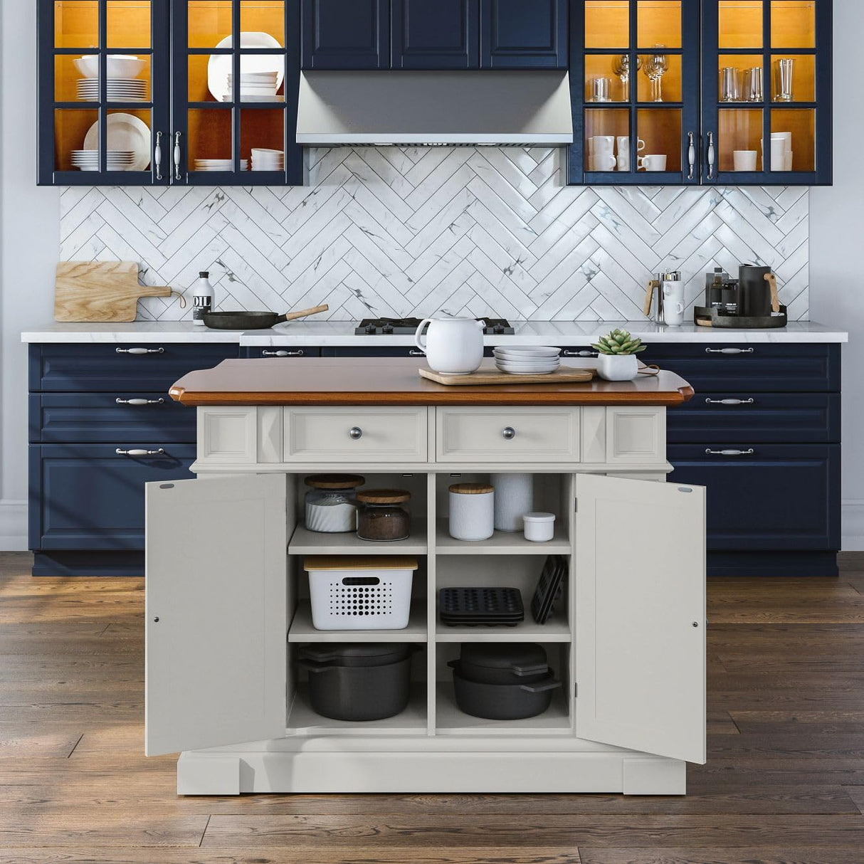 Homestyles Americana Kitchen Island with Wood Top and Drop Leaf Breakfast Bar, Storage with Drawers and Adjustable Shelves, 50 Inch Width, 49.75 inches, White and Oak homestyles