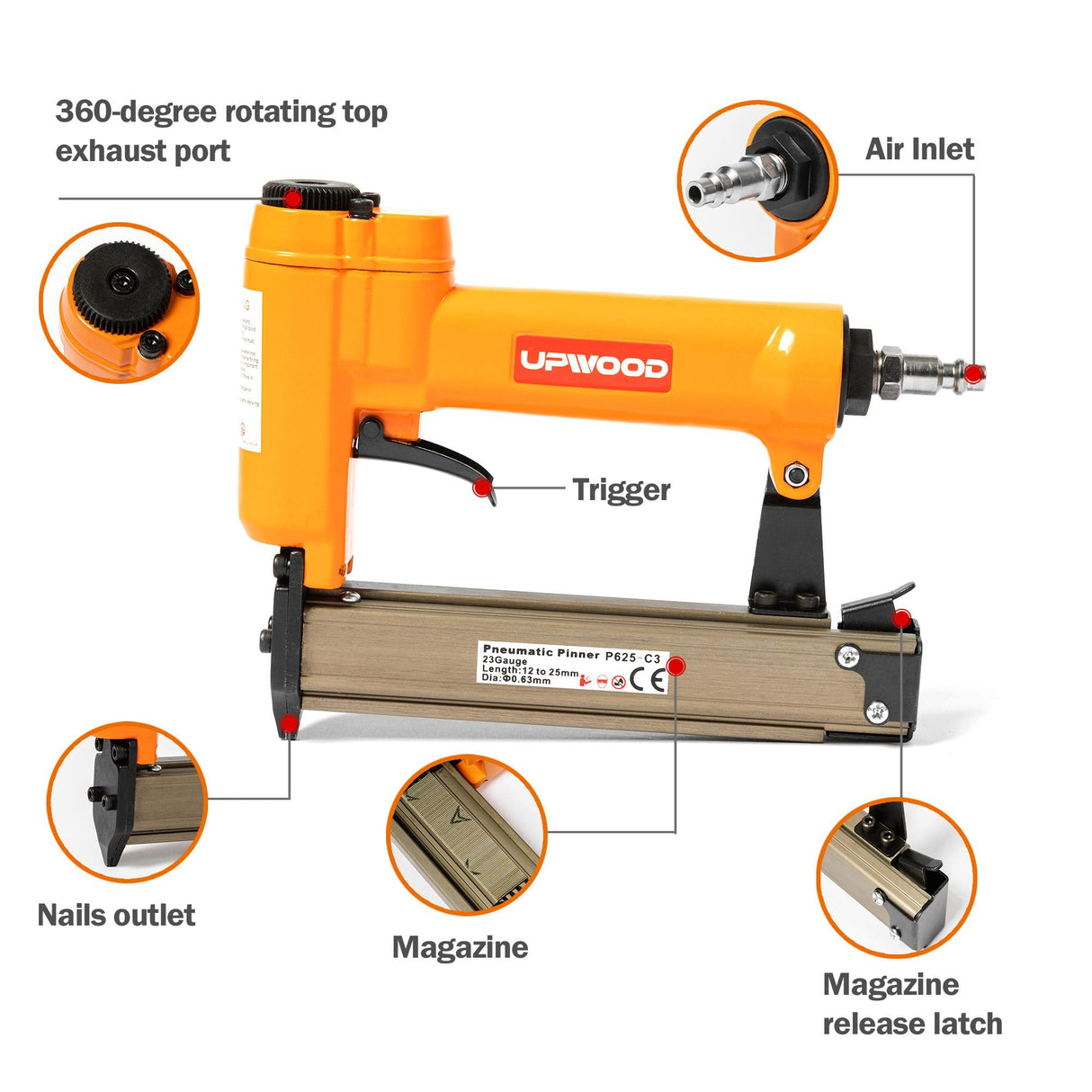 UPWOOD P625 Pneumatic 23 Gauge Headless Pin Nailer, 1/2-Inch to 1-Inch Leg Length Air Powered Micro Pinner for Furniture, Cabinets, Interior Decoration UPWOOD