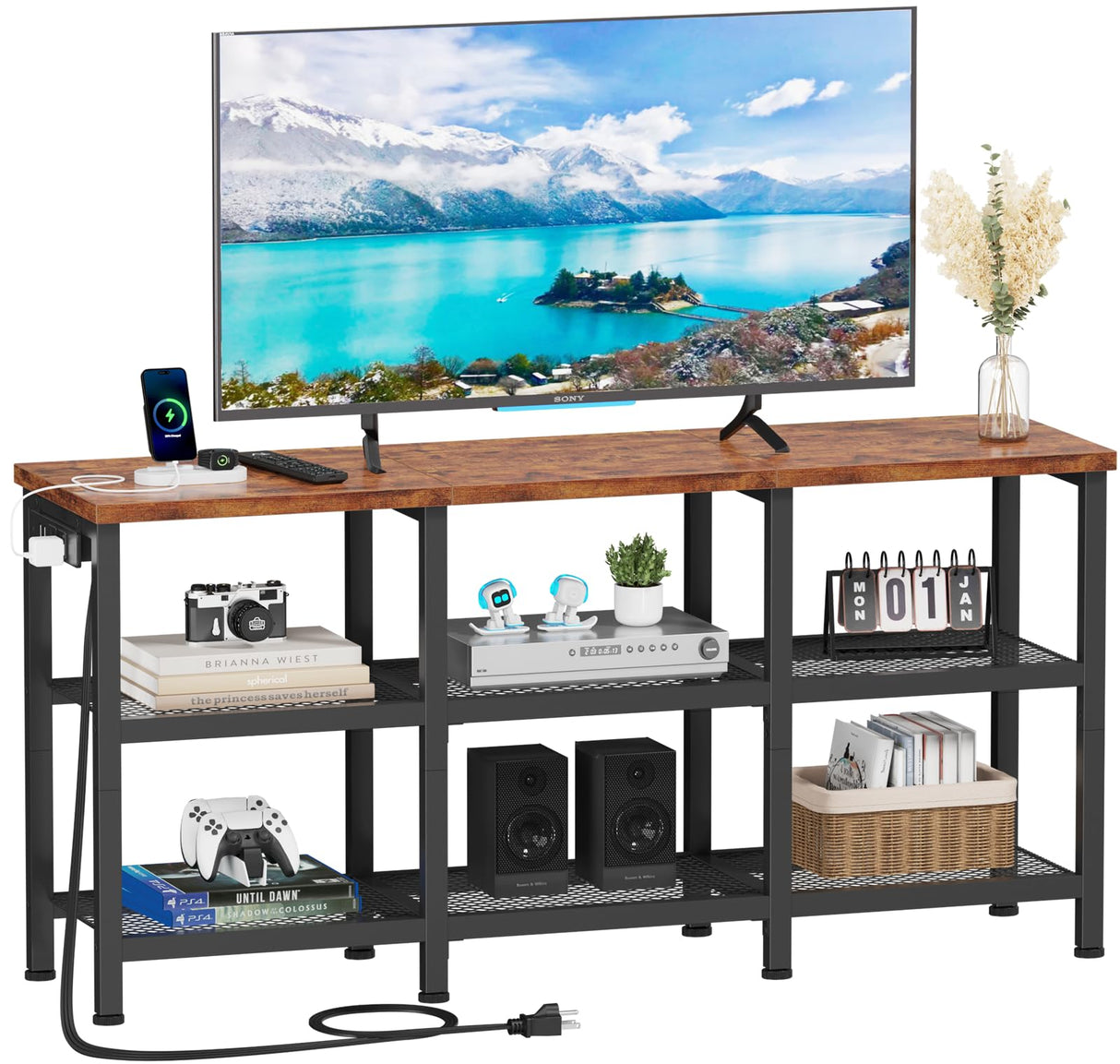 Furologee TV Stand with Power Outlets, Small Entertainment Center with Open Storage Shelves, TV Media Console Center for TVs up to 50 Inch, Television Stands for Living Room/Bedroom, Rustic Brown Furologee