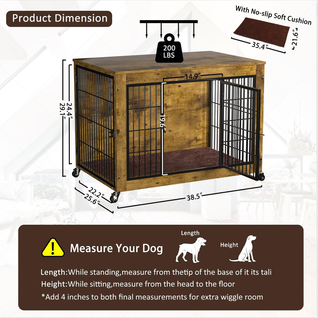 PRETZI Dog Crate Furniture with Cushion,38" Wooden Dog Crate nightstand with Double Doors, Brown Kennel Indoor with Wheels, Decorative Pet House for Small Medium PRETZI
