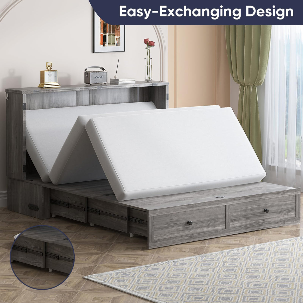 ijuicy Full Murphy Bed with Storage & Multifunctional Charging Station, Farmhouse Murphy Cabinet Bed with Foldable Panel, Space-Saving Beds for Guest Bedroom,Living Room(Mottled Grey‌, with Mattress) ijuicy