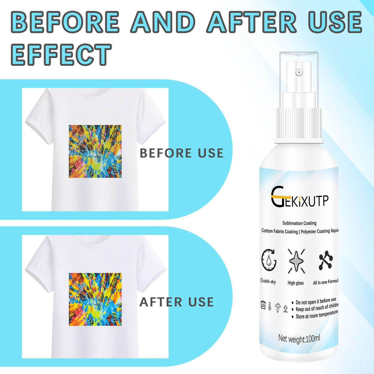 4 x 100ml Sublimation Spray for Cotton Tshirts，Sublimation Coating Spray for T-Shirts, Canvas, Polyester Fabric，Quick Dry, High Gloss，Polyester Spray for Sublimation (4 pcs Sublimation Coating Spray) GEKIXUTP