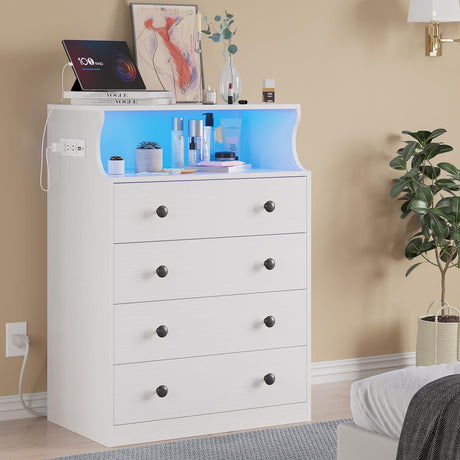 Hasuit White Dresser with Charging Station, LED Dresser with 4 Large Drawers, Chest of Drawers with Open Space, Large Capacity Tall Storage Cabinet, White Dresser for Bedroom Hasuit