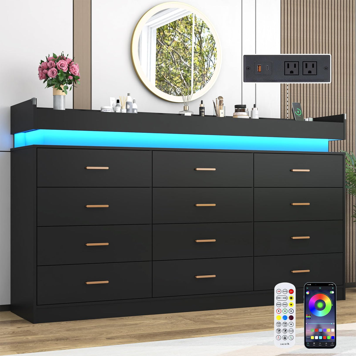 12 Drawer Dresser with LED Light and Charging Station, 70" Modern Chest of Drawers for Closet, Wide Drawer Organizer Cabinet for Bedroom, Living Room, Entryway, Hallway, Black Hlivelood