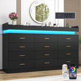 12 Drawer Dresser with LED Light and Charging Station, 70" Modern Chest of Drawers for Closet, Wide Drawer Organizer Cabinet for Bedroom, Living Room, Entryway, Hallway, Black Hlivelood