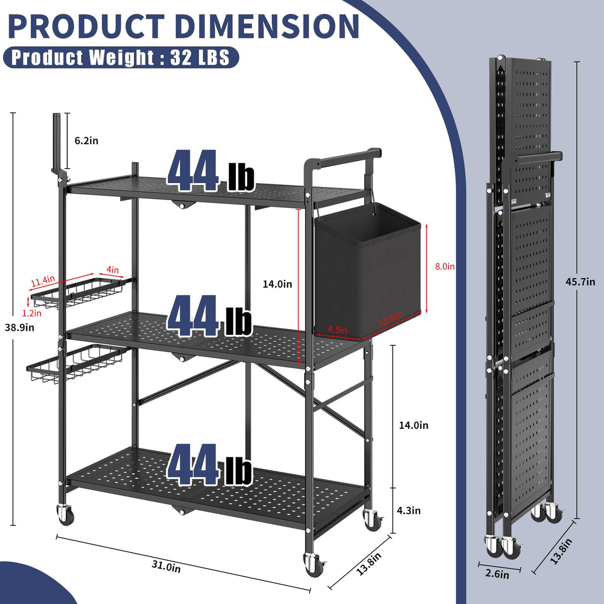 DTUQYX Rolling Kitchen Cart with Baskets: 3-Tier Microwave Stand Carts with Wheels, Kitchen Storage Rack, Foldable Outdoor Grill Cart, Utility Cart, Kitchen Island Serving Cart for Home,Camping DTUQYX