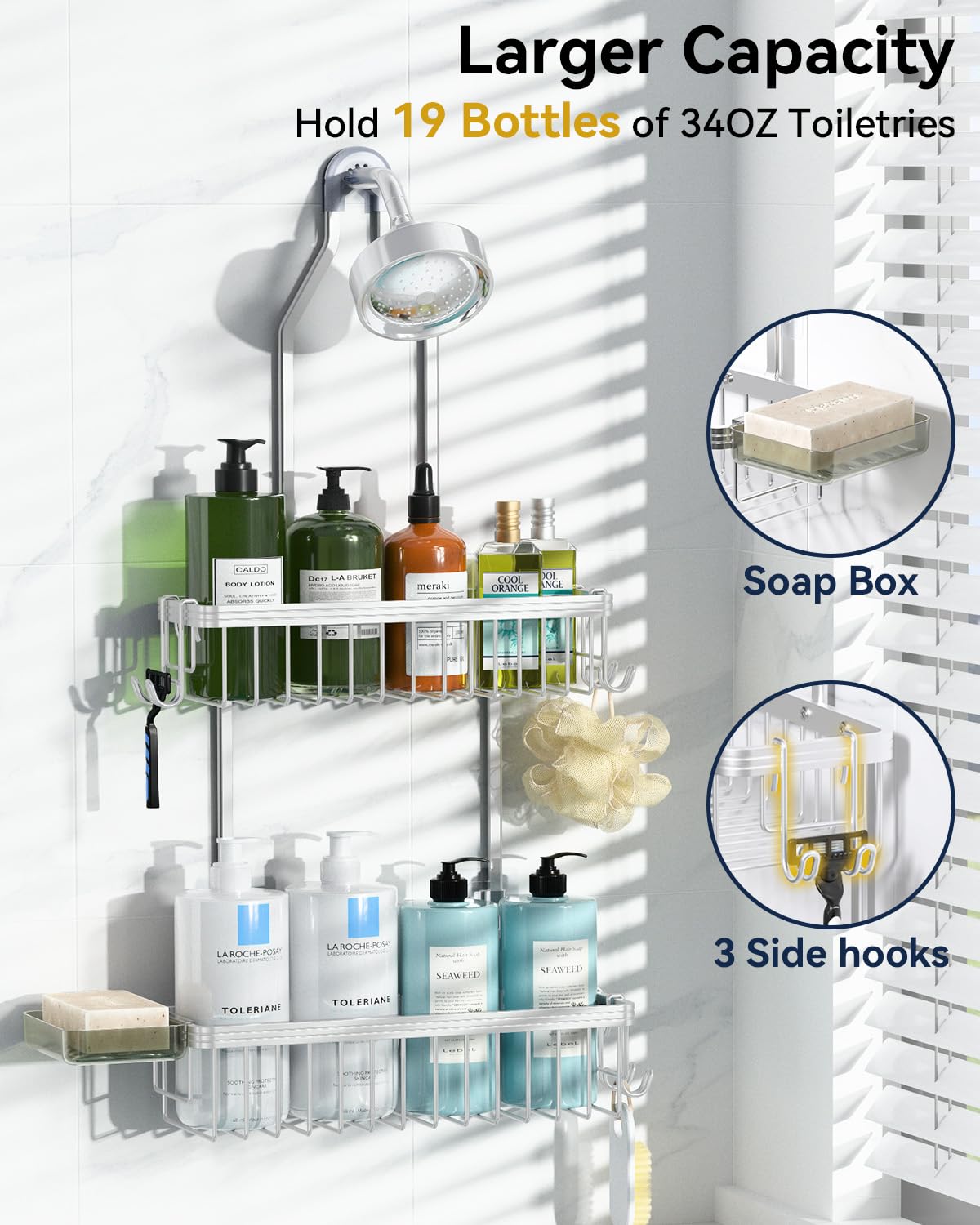 YASONIC Shower Caddy Hanging, Never Rust Shower Organizer Hanging, Aluminum Shower Racks for Inside Shower with Hooks for Razor, Bathroom Organizers and Storage with Soap Holder, Bright Silver YASONIC