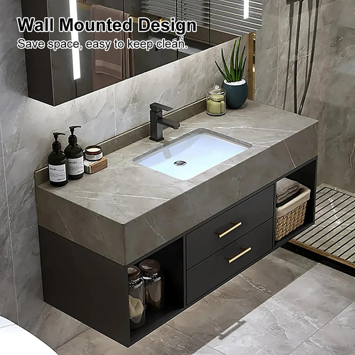 Weibath 35'' Floating Bathroom Vanity with Sintered Stone Sink 2 Drawers (Black, 35.4" W x 18.9" D x 21.64" H) Weibath