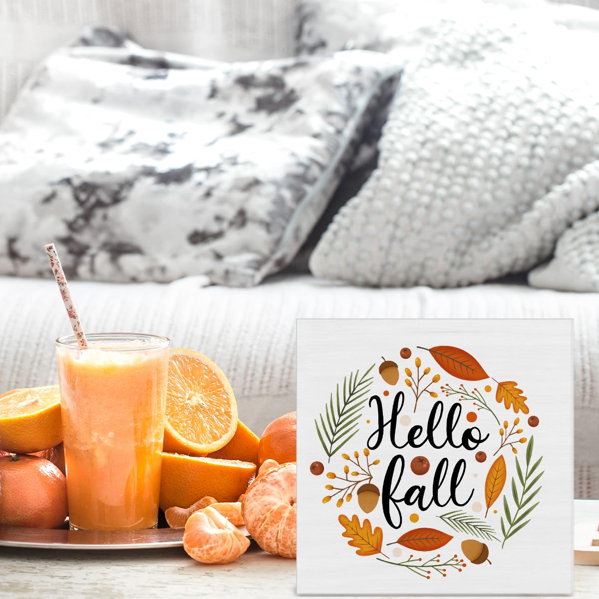 Fall Decor Autumn Leaves Wood Sign Hello Fall Decorations Farmhouse Home Table Desk Decor (5 x 5 Inches) Zauly