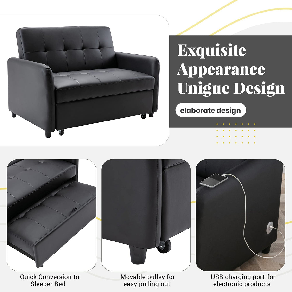 Merax Convertible PU Leather Sleeper Sofa Bed, 51" Modern Adjustable Pull Out Bed Lounge Chaise Oversized Armchair with 2 Side Pockets for Home Office Merax