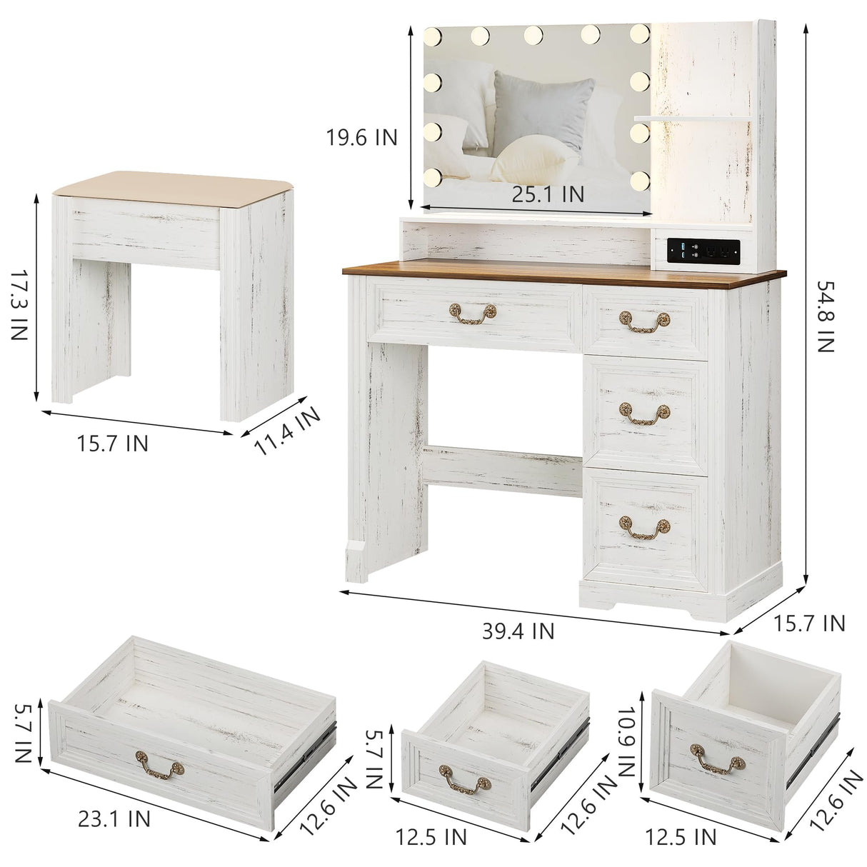 Lareth Vanity Desk 39 inch with Mirror Light and Power Outlet, Farmhouse Makeup Table Set with Stool, 3 Color Adjustable Lights Bedroom Dressing Table with 4 Drawer for Women Girls Teen, Antique White Lareth