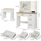 Lareth Vanity Desk 39 inch with Mirror Light and Power Outlet, Farmhouse Makeup Table Set with Stool, 3 Color Adjustable Lights Bedroom Dressing Table with 4 Drawer for Women Girls Teen, Antique White Lareth
