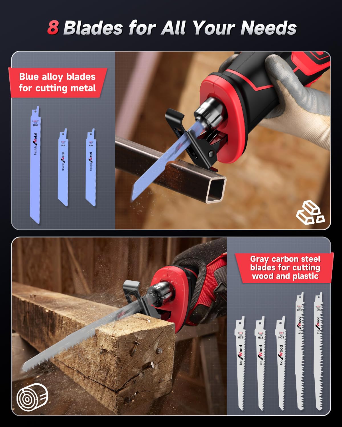 Reciprocating saw, Enhanced 3500 SPM Low Noise Brushless Motor, High-Performance 2*21V 4.0 Ah Batteries Extended Standby, 8 pcs Versatile Alloy Steel Blade Set Easily Cut Through Wood, Metal, - WoodArtSupply