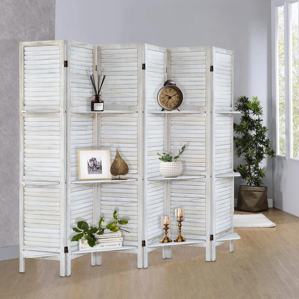AMBITION LAND Room Divider with Shelves, Privacy Screen, Room Dividers and Folding Privacy Screens, 6 Panel Wood Temporary Wall Partition Separation Separator, Coconut AMBITION LAND