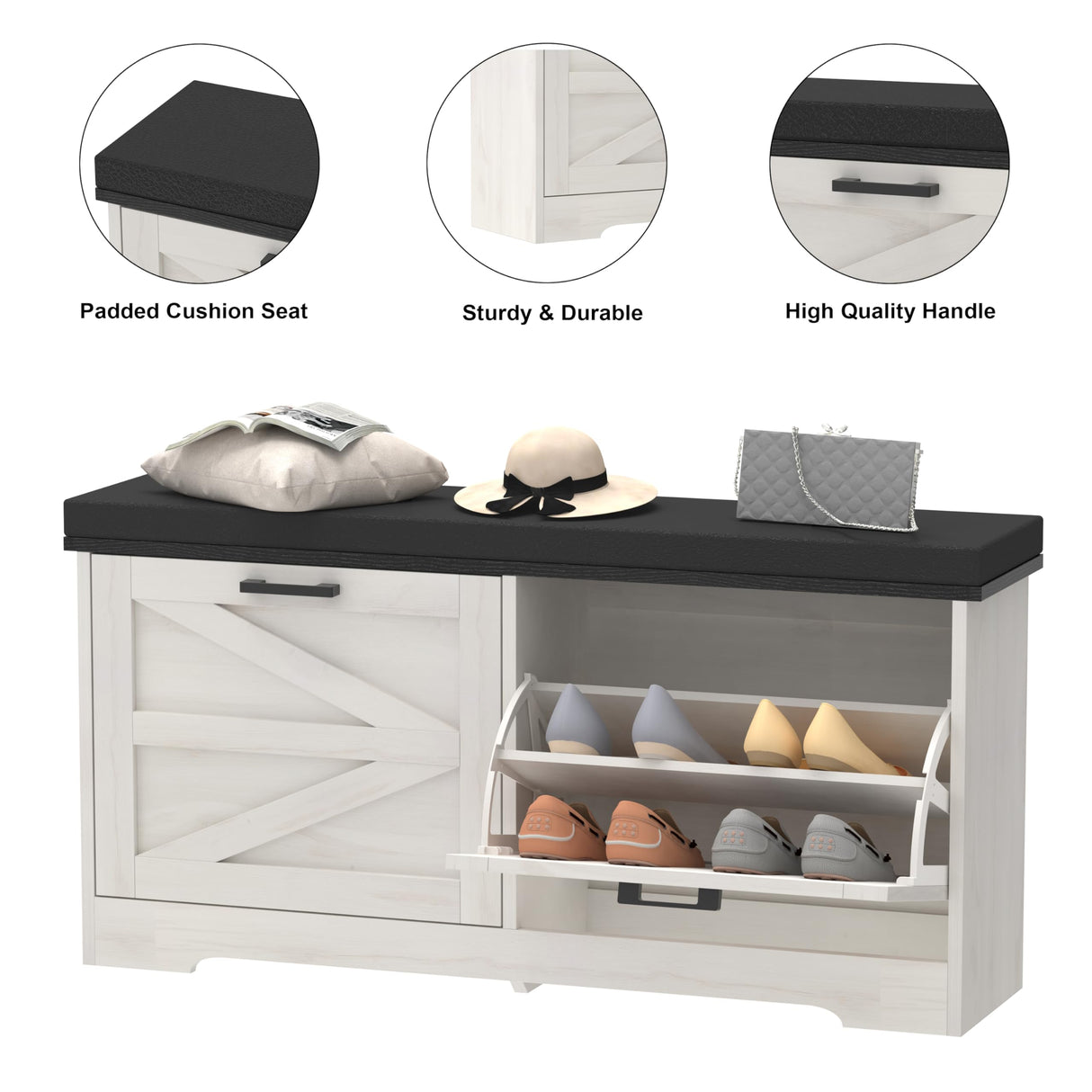 Trironsun White Shoe Storage Bench 2 Flip Drawers Shoe Rack Bench with Padded Seat Cushion Farmhouse Hidden Shoe Bench with Storage Shoe Cabinet 2 Barn Doors for Entryway Bedroom (Antique White) Trironsun