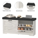 Trironsun White Shoe Storage Bench 2 Flip Drawers Shoe Rack Bench with Padded Seat Cushion Farmhouse Hidden Shoe Bench with Storage Shoe Cabinet 2 Barn Doors for Entryway Bedroom (Antique White) Trironsun