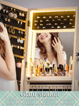 LUXFURNI LED Light Jewelry Cabinet Armoire, Standing Mirror Makeup Lockable Large Storage Organizer w/Drawers (Natural) LUXFURNI