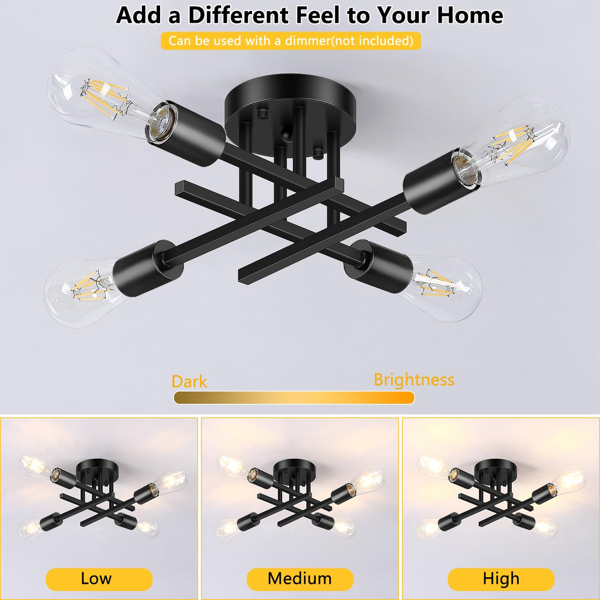 Asnxcju 4-Light Hallway Semi Flush Mount Light Fixtures, Farmhouse Black Light Fixtures Ceiling Mount, Indoor Close to Ceiling Lighting for Kitchen Entryway Bedroom Foyer (Bulb Not Included) Asnxcju