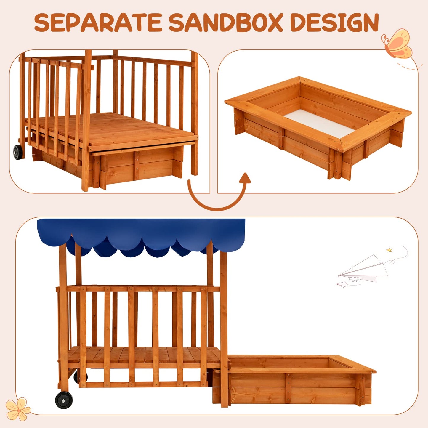 Costzon Kids Retractable Sandbox with Canopy, Wooden Cedar Cabana Playhouse with Large Play Area, Rear Wheels, Guardrails, Children Outdoor Playset Sandpit for Backyard, Home, Lawn, Garden, Beach