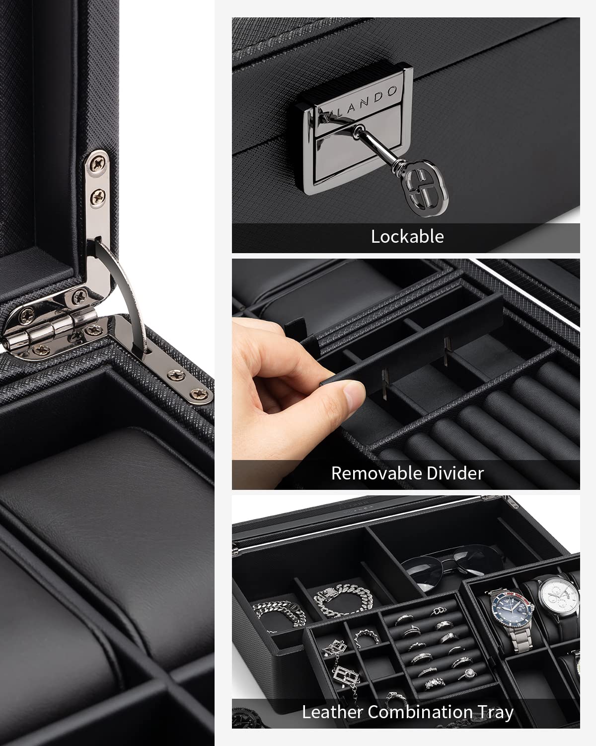 Vlando 6-Slot Watch Box Organize, Lockable Watch Case with Textured Leather, 2 Layer Watch Holder for Rings, Bracelets, Glasses, Glass Lid, Removable Divider, Gift for Fathers, Husband, Friend, Black Vlando