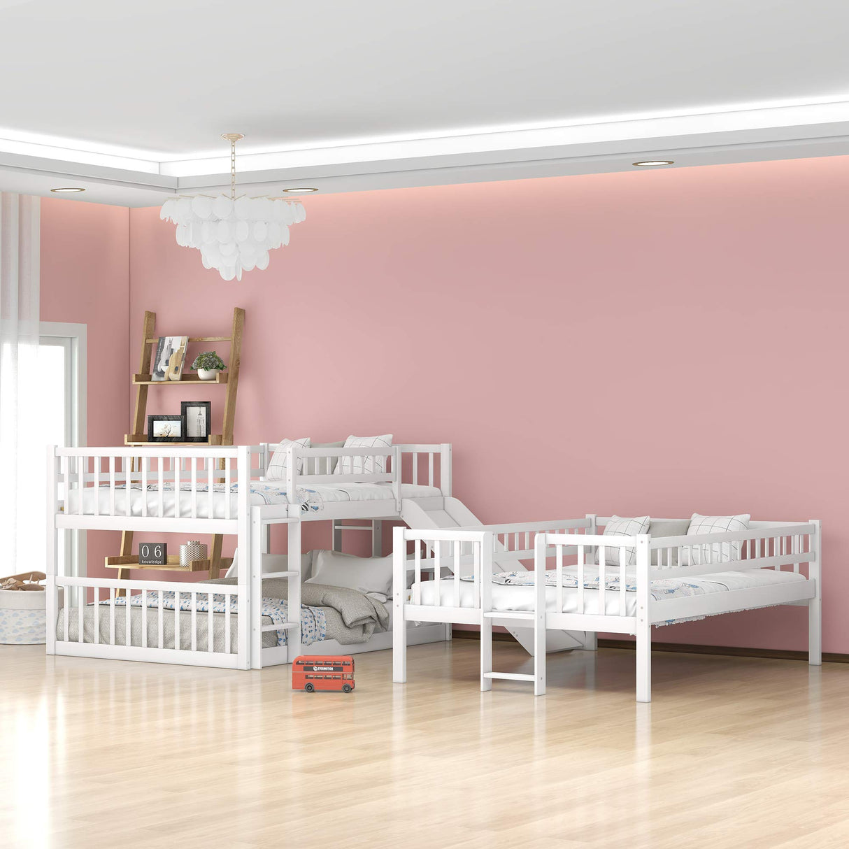 Aiuyesuo Triple Bunk Bed Full-Over-Full-Over-Full Size with Convertible Ladder and Slide for Kids Teens, Solid Wood Triple Bunk Bed with Guardrails for 3, Maximized Space (White-4) Aiuyesuo