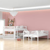 Aiuyesuo Triple Bunk Bed Full-Over-Full-Over-Full Size with Convertible Ladder and Slide for Kids Teens, Solid Wood Triple Bunk Bed with Guardrails for 3, Maximized Space (White-4) Aiuyesuo