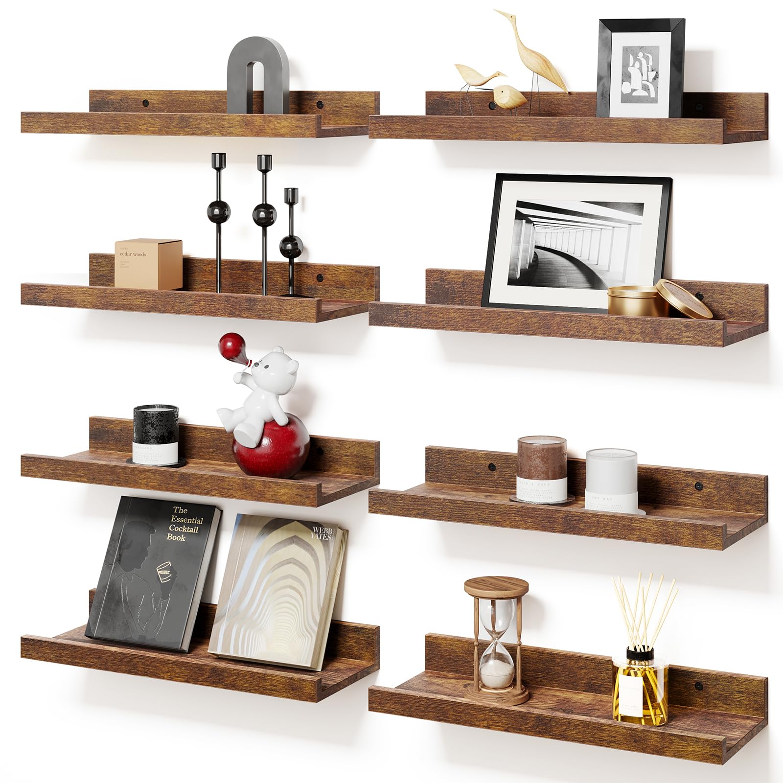 Fixwal Floating Shelves for Wall Decor, Wall Shelves Set of 8, Display Floating Shelf Wall Self with Lip for Bedroom, Bathroom, Nursery, Living Room (Rustic Brown) - WoodArtSupply