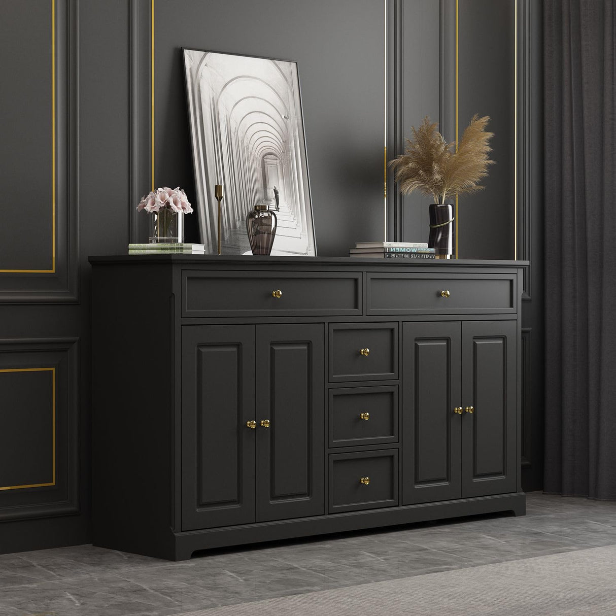 MOUMON Sideboard Credenza with Doors and Shelves, Credenza Sideboard Buffet with Drawers, Buffet Table Home Bar Cabinet for Kitchen Living Room Black (59.1”W x 15.7”D x 33.5”H) MOUMON