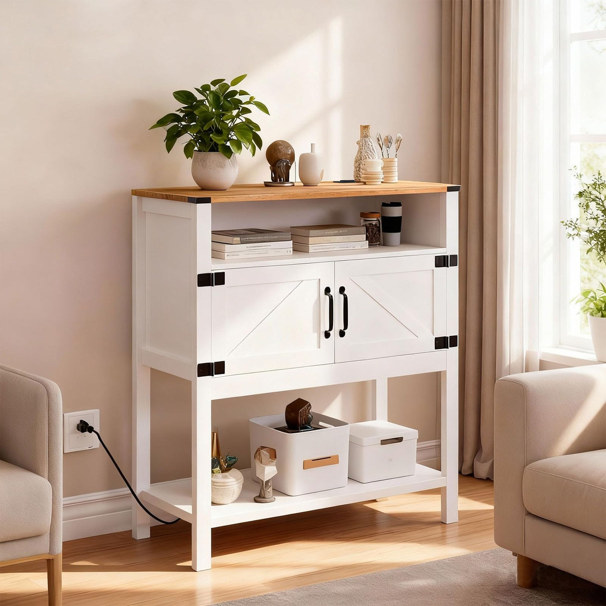 M METERXITY Console Table with Outlets, Farmhouse Coffee Bar Cabinet, 31.5 l x 13.8 D x 35.5 H, Entryway Table with Storage Cabinets for Living Room, Couch, Hallway, Foyer, Kitchen (White) M METERXITY