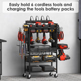 CCCEI Power Tool Organizer Cart with Charging Station, Garage Floor Rolling Storage Cart on Wheels for Mechanic, Mobile 6 Drill, Tool Box Utility Cart with Battery Charging Power Strip, Black CCCEI