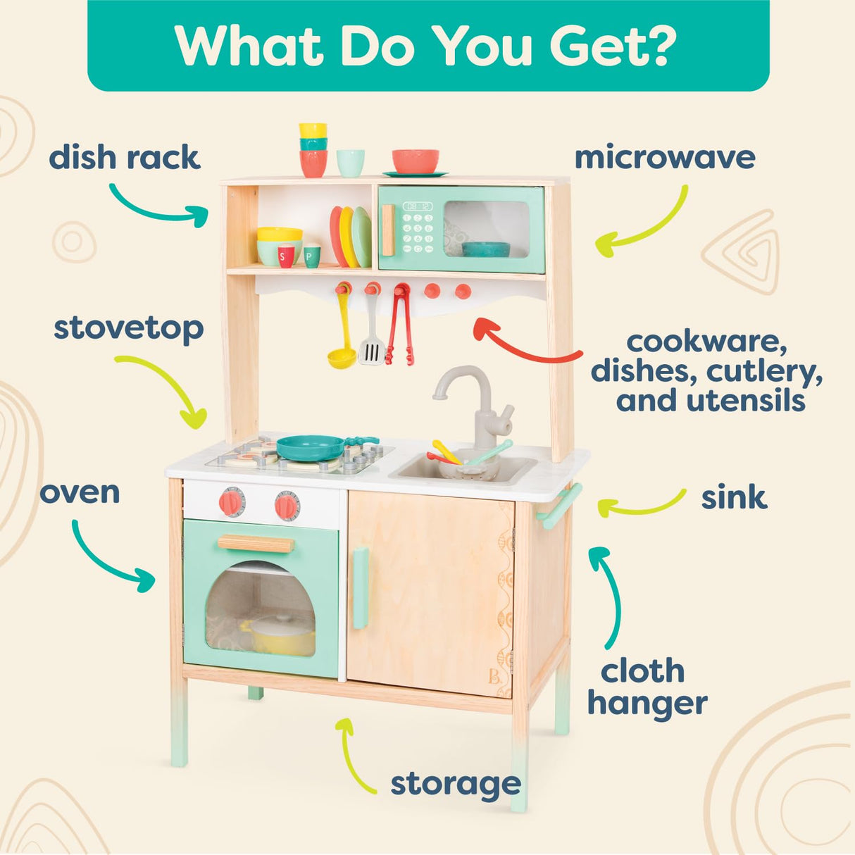 B. toys- Mini Chef Kitchenette- Pretend Play Wooden Play Kitchen – Kitchen for Kids – Kitchen Play Set & Accessories – (20+ Pcs)- 3 Years + B. toys