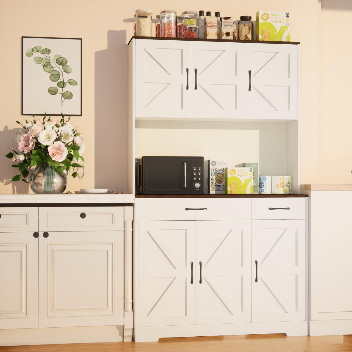 Azaeahom 71" Pantry Cabinet with Charging Station, Kitchen Storage Cabinet with Microwave Stand, 8-Zone Organization, 2 Smooth-Glide Drawers, Open Countertop for Dining, Kitchen, Living Room (White) Azaeahom