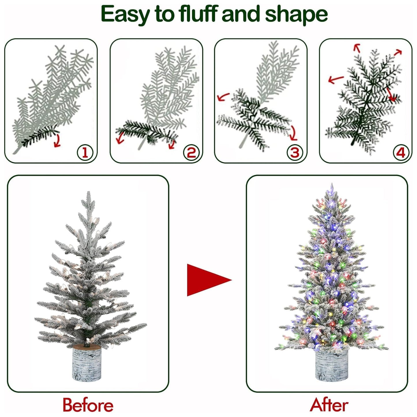 Hykolity 4.5 ft Prelit Snow Flocked Potted Christmas Tree, 621 PE & PVC Realistic Branch Tips, Artificial Arctic Fir with 150 Multicolor LED Lights, Sturdy Potted Stand, 10 Color Modes