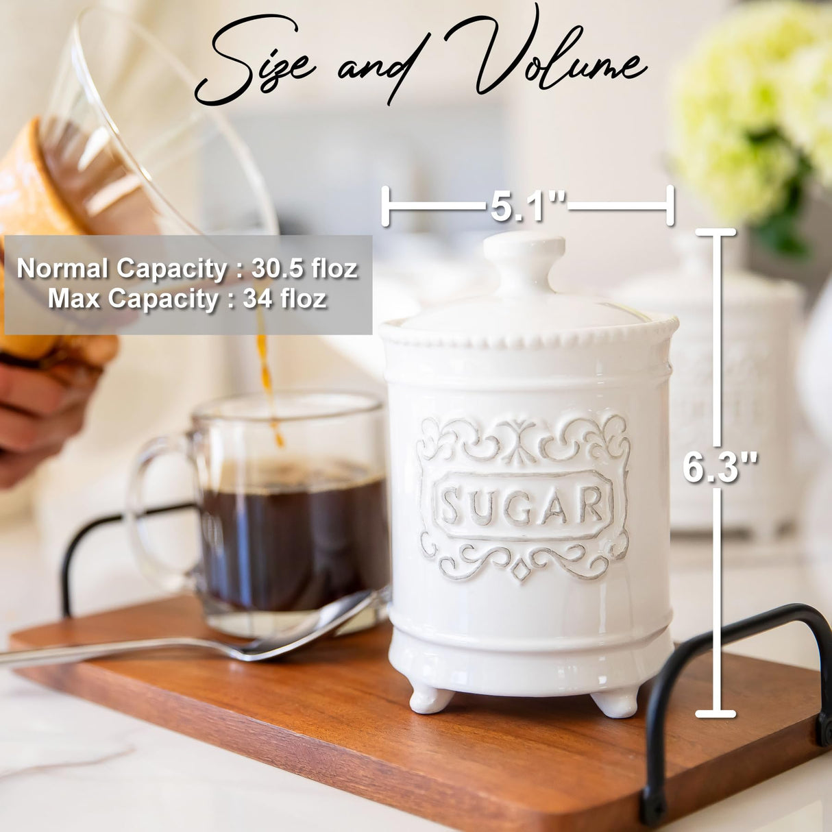 Large 35 Ounce Elegant Ceramic Kitchen Canisters Set of 3 - Beautifully Engraved Coffee Tea Sugar Storage Containers Airtight with Feet for Added Style and Stability - Ceramic Jar with Airtight Lid 25DOL