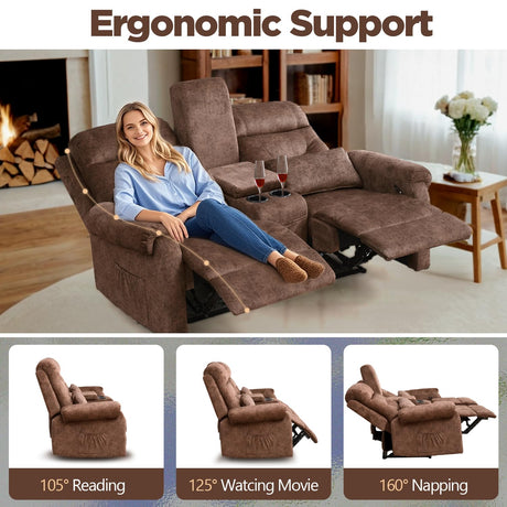 TPHORK RV Loveseat Recliner with Console, Reclining Loveseat Sofa, Manual Home Theater Seating with Pockets/Cup Holders for Living Room/RV Furniture (Velvet Brown) TPHORK