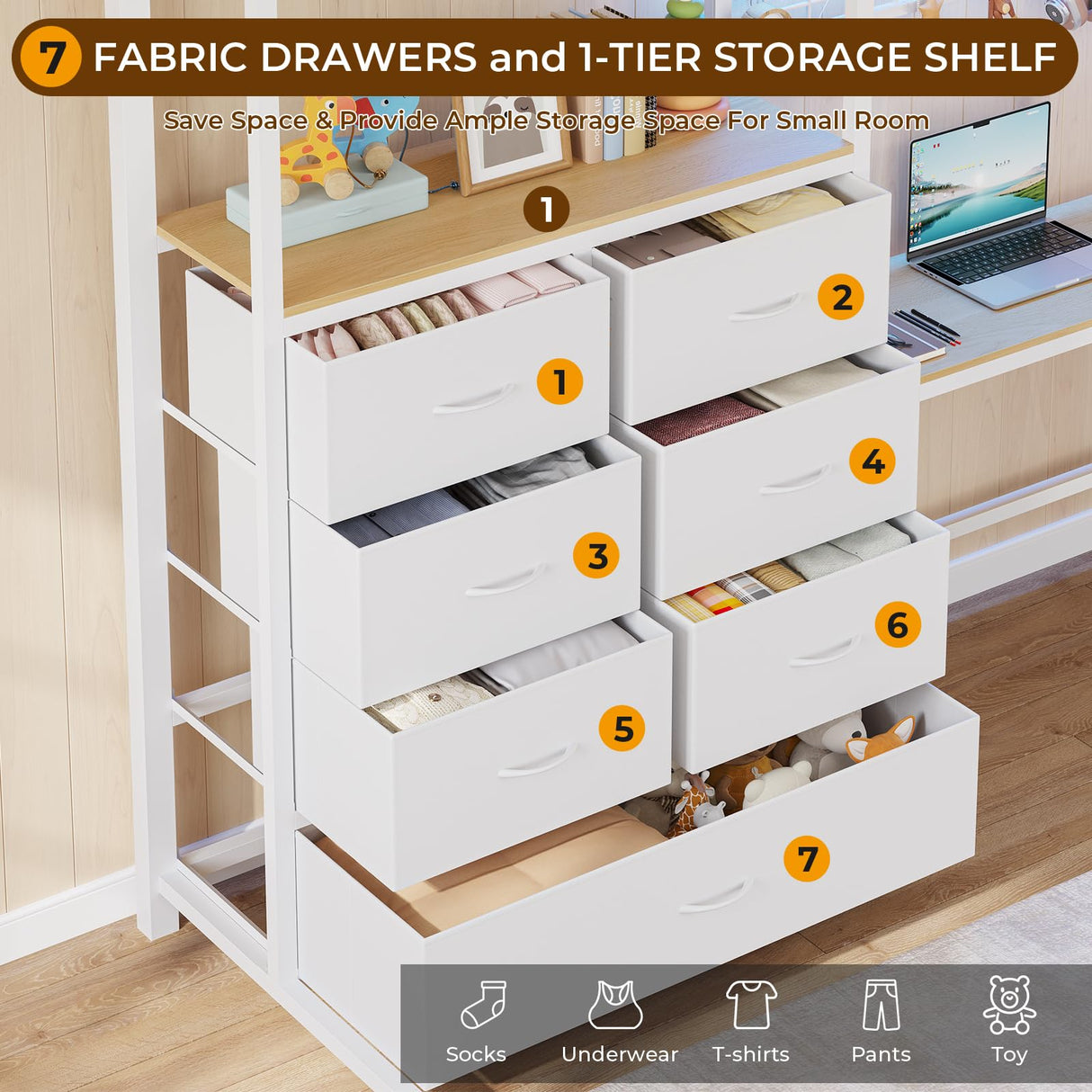 DICTAC Full Loft Bed with L-Shaped Desk and 7 Storage Drawers, Metal Full Size Loft Bed for Teen with LED Lights and Charging Station,13.11" H Safety Guardrail and Ladder,No Box Spring Needed, White DICTAC