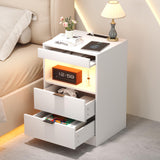 Yusong LED Nightstand Bedside Table with Charging Station 2 Drawers, White Modern Sofa Couch End Side Table with LED Lights and Pull-Out Shelf for Bedroom Living Room, Wooden Yusong