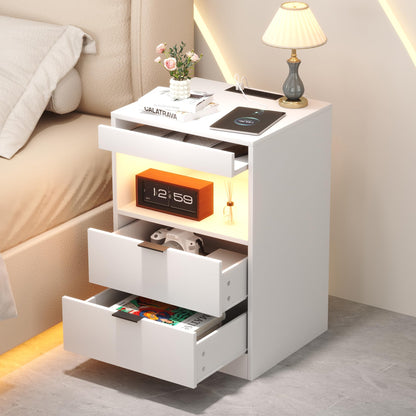 Yusong LED Nightstand Bedside Table with Charging Station 2 Drawers, White Modern Sofa Couch End Side Table with LED Lights and Pull-Out Shelf for Bedroom Living Room, Wooden