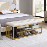 FERFALDER Linen Bench with Storage-Entryway Shoe Storage with Tufted Padded Seat,Gold Mental Frame Ottoman Bench for Bedroom Entry Window Mudroom Living Room,Beige FERFALDER