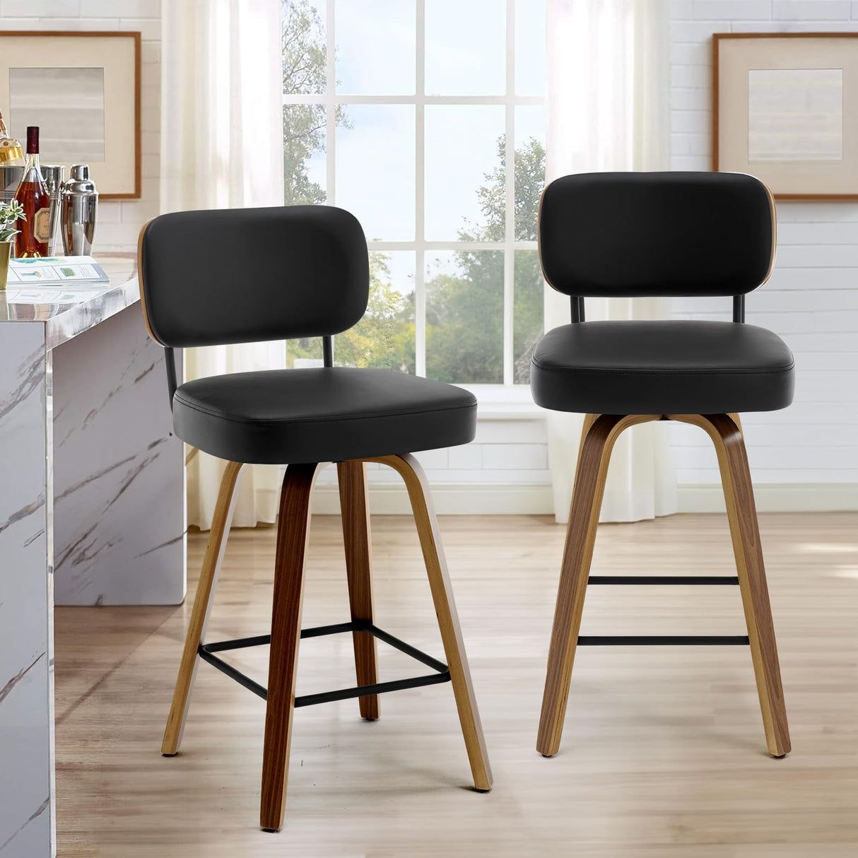 Bekrvio 26" Swivel Faux Leather Bar Stools Set of 4 with Ergonomic Backrest and Walnut Bent Wood Legs Bekrvio