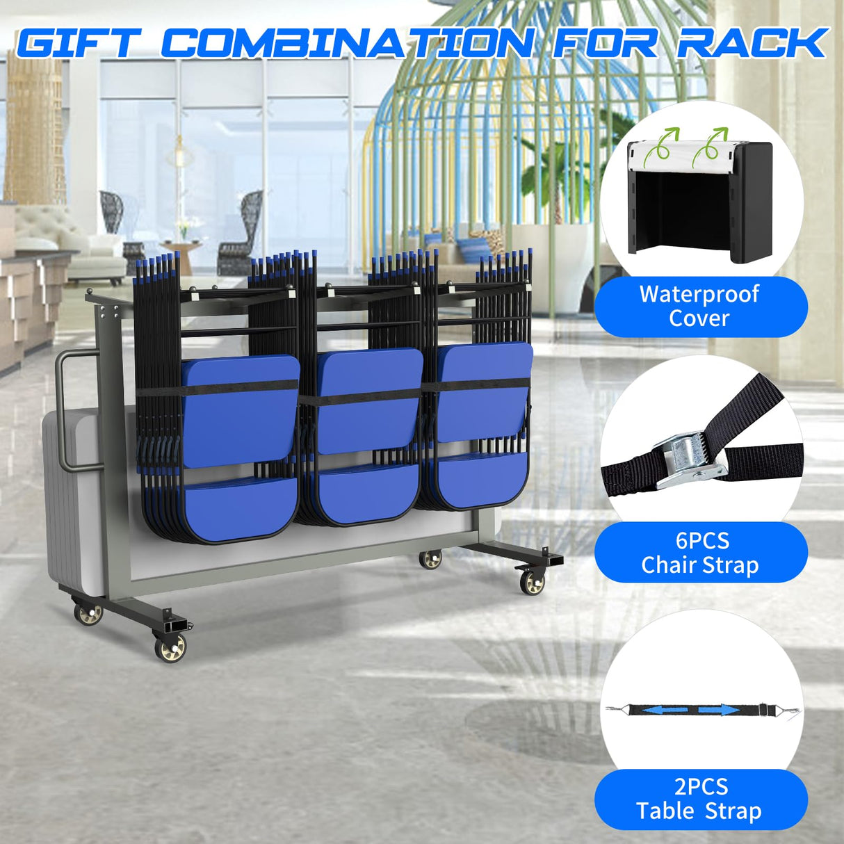 Grey Folding Chair and Table Cart, 400LBS Weight Capacity Folding Chair Dolly with 4In Swivel Wheels Make Storing and Transporting Chairs Easy Chair Storage Rack with Straps and Cover to Space Saving Qinqi