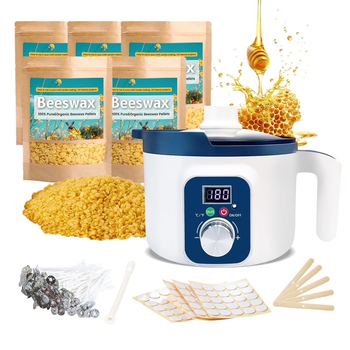 KQU Beeswax Candle Making Kit for Adults, 5lb Beeswax, LED Display Wax Melter, Cotton Wick, Wick Stickers KQU