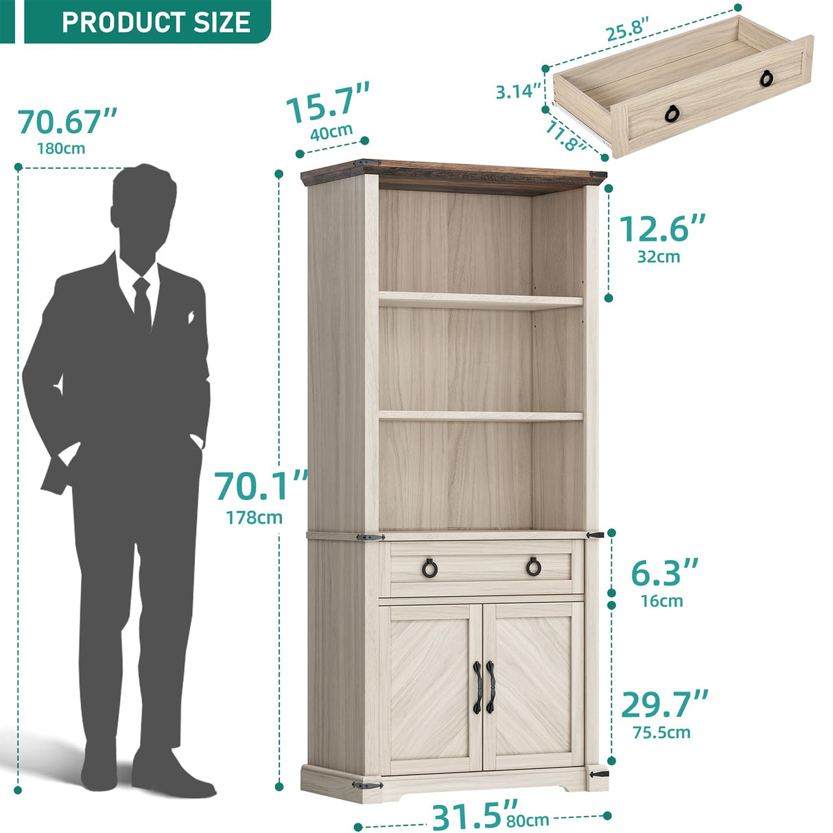 YITAHOME Farmhouse Bookcase with Doors and Drawers, 70" Tall Bookshelf with Storage Shelves, Standing Display Shelf Organizer Rack for Home Office, Living Room, White+Walnut YITAHOME