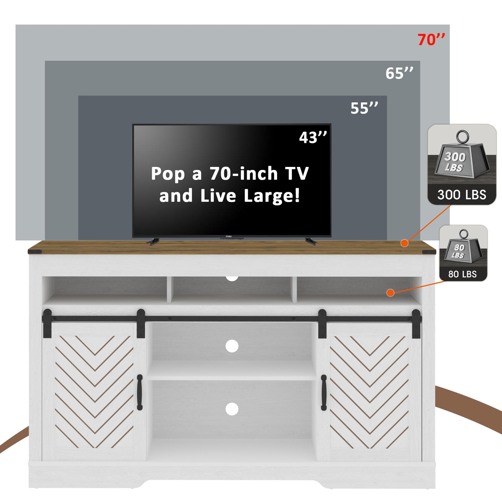 RoyalCraft Farmhouse TV Stand with Sliding Barn Door for TVs up to 65+ Inch, 34" Tall Entertainment Center, Wood Media Console Storage Cabinet for Bedroom, Living Room, White and Rustic Oak - WoodArtSupply