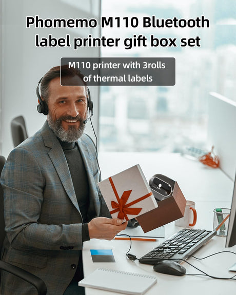 Phomemo Label Maker - M110 Address Label Printer Bluetooth Thermal Printer for Business, Office, School, Home-use, Barcode, Logo, Clothing Label, with 3 Label, Black Phomemo