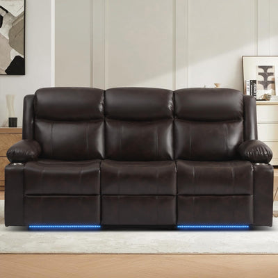 PALLOME Power Reclining 3-Seater Sofa for Home Theater, Electric Recliner Couch with LED Lights, USB & Type-C, RV Sofa with Cup Holders, Side Pocket, Faux Leather (Brown)