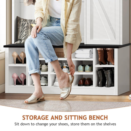 4ever2buy 79 Inch Hall Tree with Bench and Shoe Storage, Farmhouse Hall Tree with Coat Rack, White Entryway Bench with Barn Door and Adjustable Shoe Cubbies, Mudroom Hall Tree with 3-Tier Cabinet 4ever2buy